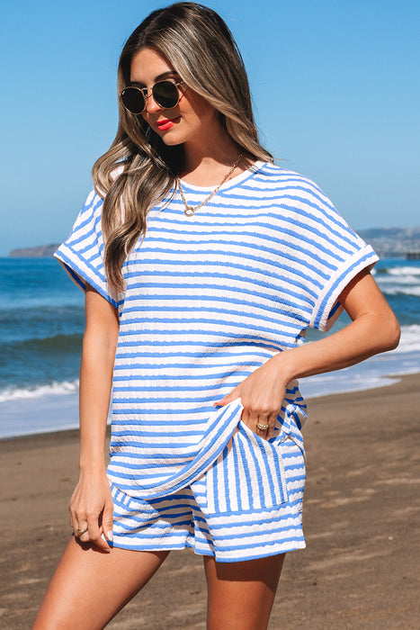 Sky Blue Stripe Knitted Short Sleeve Top and Drawstring Shorts Set Dear lover
