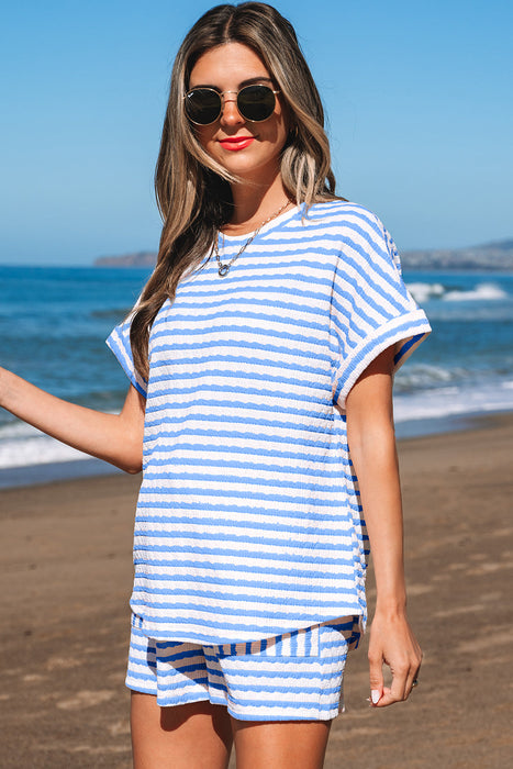 Sky Blue Stripe Knitted Short Sleeve Top and Drawstring Shorts Set Dear lover