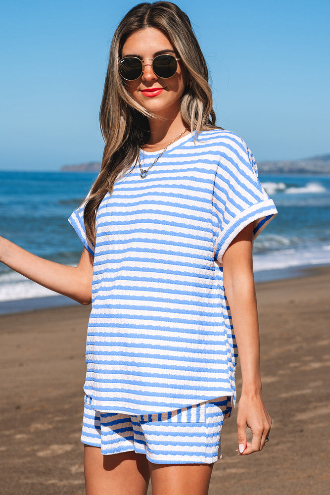 Sky Blue Stripe Knitted Short Sleeve Top and Drawstring Shorts Set Dear lover