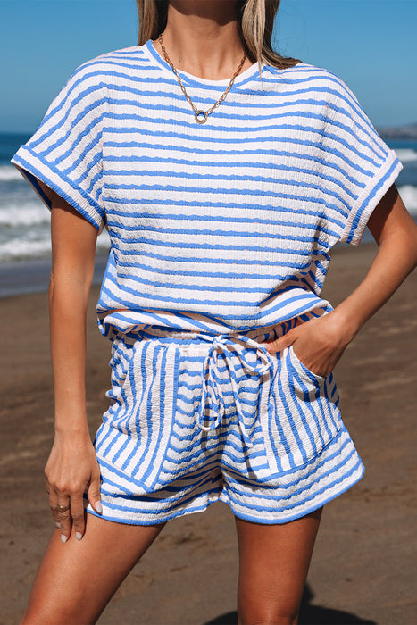 Sky Blue Stripe Knitted Short Sleeve Top and Drawstring Shorts Set Dear lover