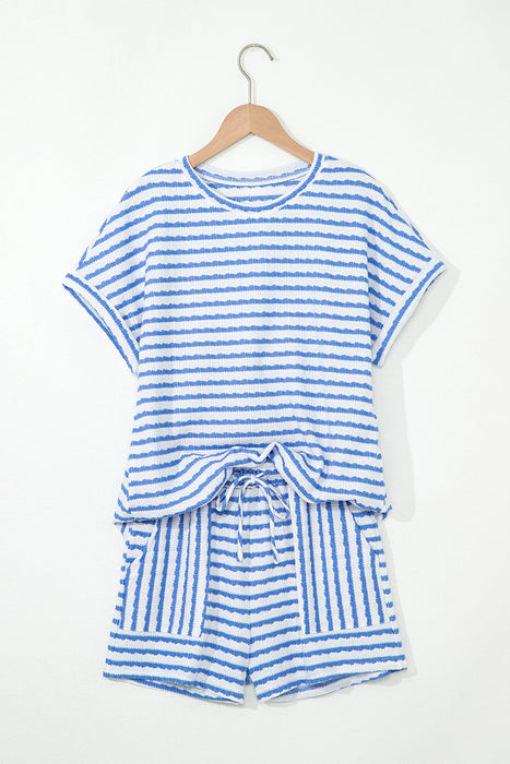 Sky Blue Stripe Knitted Short Sleeve Top and Drawstring Shorts Set Dear lover