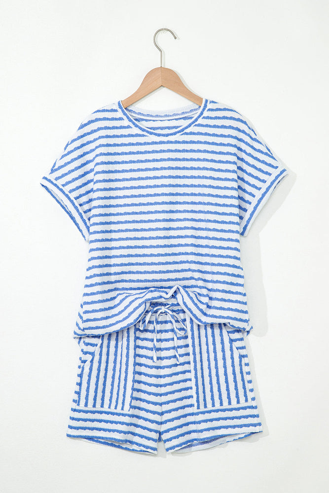 Sky Blue Stripe Knitted Short Sleeve Top and Drawstring Shorts Set Dear lover