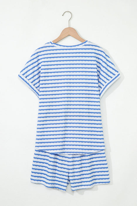 Sky Blue Stripe Knitted Short Sleeve Top and Drawstring Shorts Set Dear lover