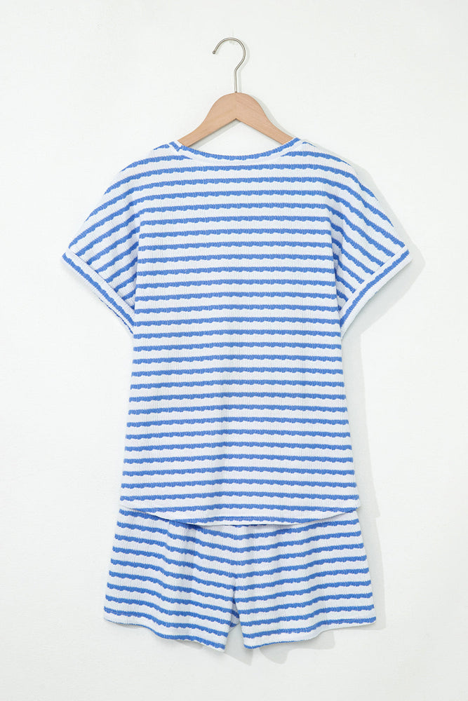 Sky Blue Stripe Knitted Short Sleeve Top and Drawstring Shorts Set Dear lover