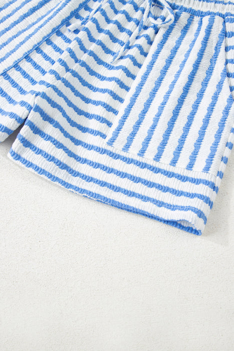 Sky Blue Stripe Knitted Short Sleeve Top and Drawstring Shorts Set Dear lover