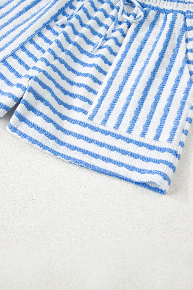 Sky Blue Stripe Knitted Short Sleeve Top and Drawstring Shorts Set Dear lover