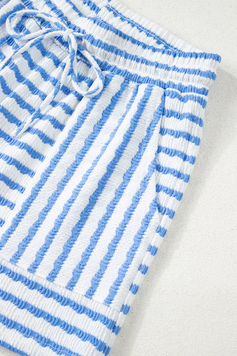 Sky Blue Stripe Knitted Short Sleeve Top and Drawstring Shorts Set Dear lover