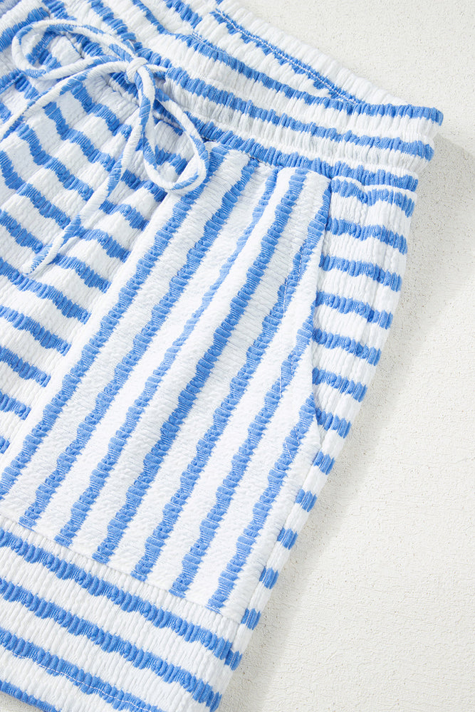 Sky Blue Stripe Knitted Short Sleeve Top and Drawstring Shorts Set Dear lover