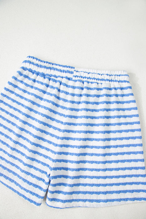 Sky Blue Stripe Knitted Short Sleeve Top and Drawstring Shorts Set Dear lover