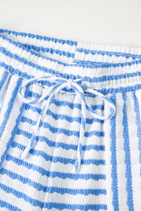 Sky Blue Stripe Knitted Short Sleeve Top and Drawstring Shorts Set Dear lover