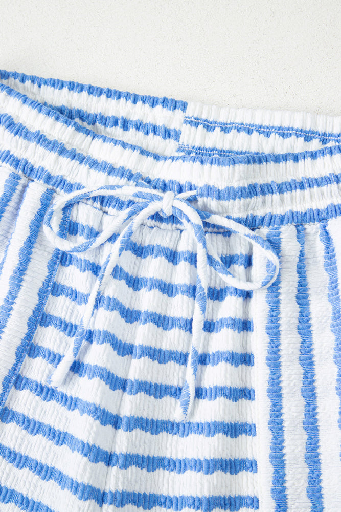 Sky Blue Stripe Knitted Short Sleeve Top and Drawstring Shorts Set Dear lover