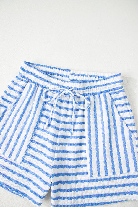 Sky Blue Stripe Knitted Short Sleeve Top and Drawstring Shorts Set Dear lover