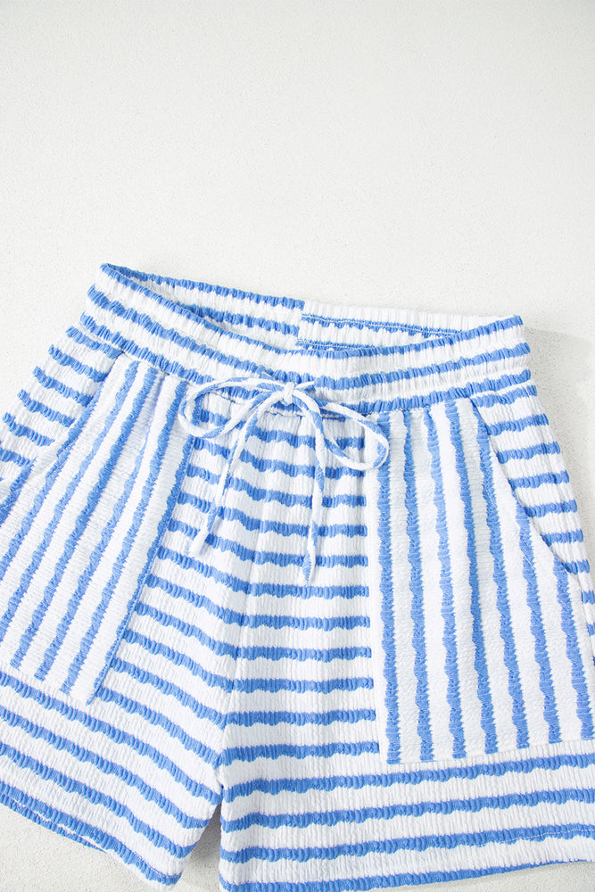 Sky Blue Stripe Knitted Short Sleeve Top and Drawstring Shorts Set Dear lover