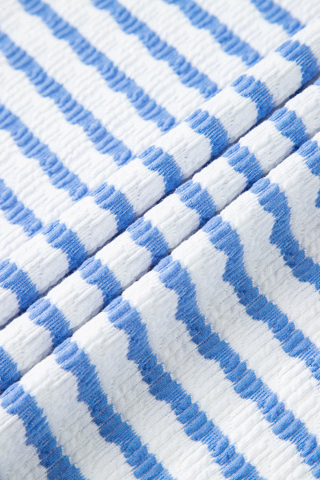 Sky Blue Stripe Knitted Short Sleeve Top and Drawstring Shorts Set Dear lover