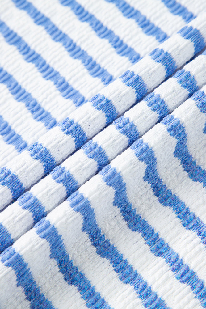 Sky Blue Stripe Knitted Short Sleeve Top and Drawstring Shorts Set Dear lover