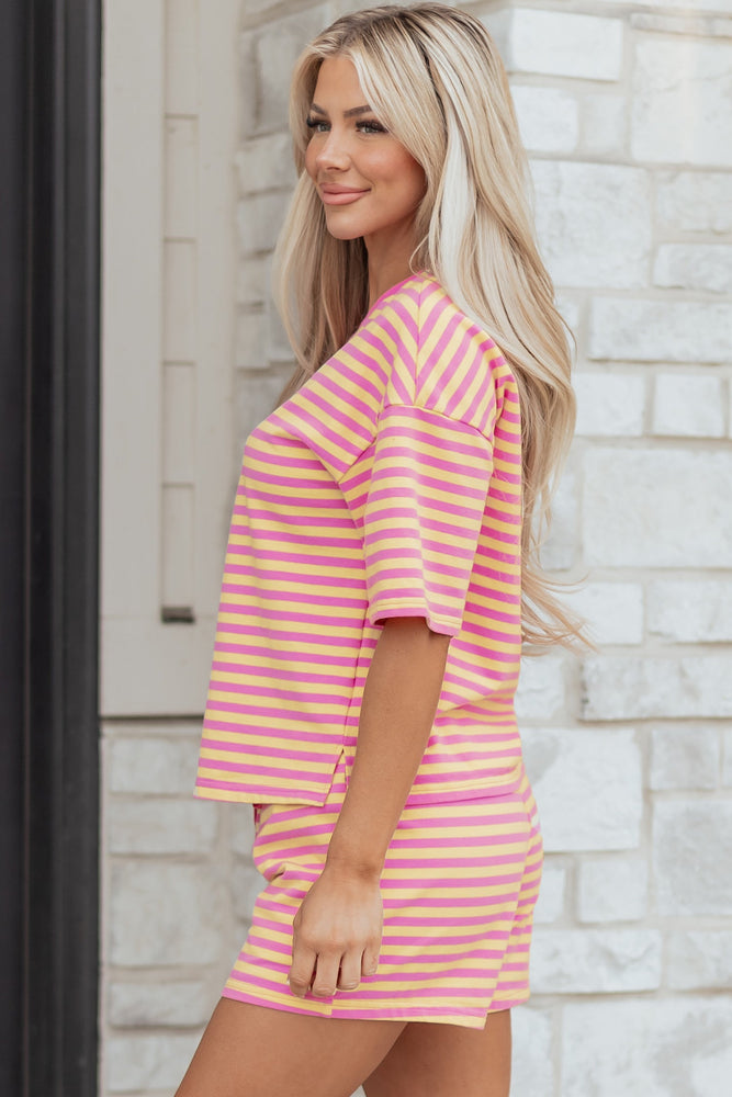 Rose Stripe Drop Shoulder Boxy Casual Terry Short Set Dear lover