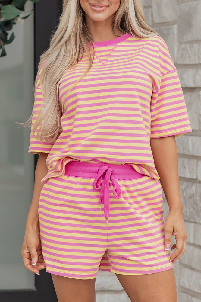 Rose Stripe Drop Shoulder Boxy Casual Terry Short Set Dear lover