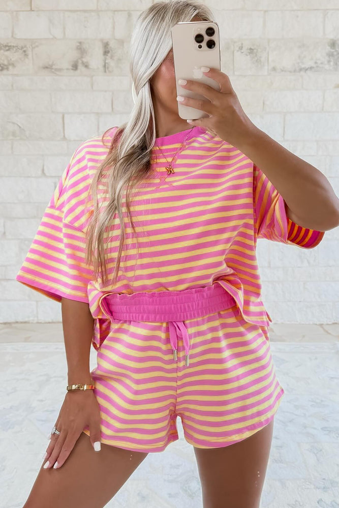 Rose Stripe Drop Shoulder Boxy Casual Terry Short Set Dear lover