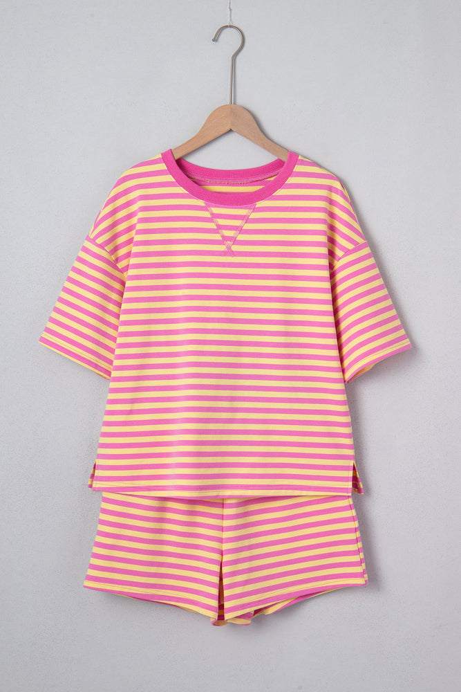 Rose Stripe Drop Shoulder Boxy Casual Terry Short Set Dear lover