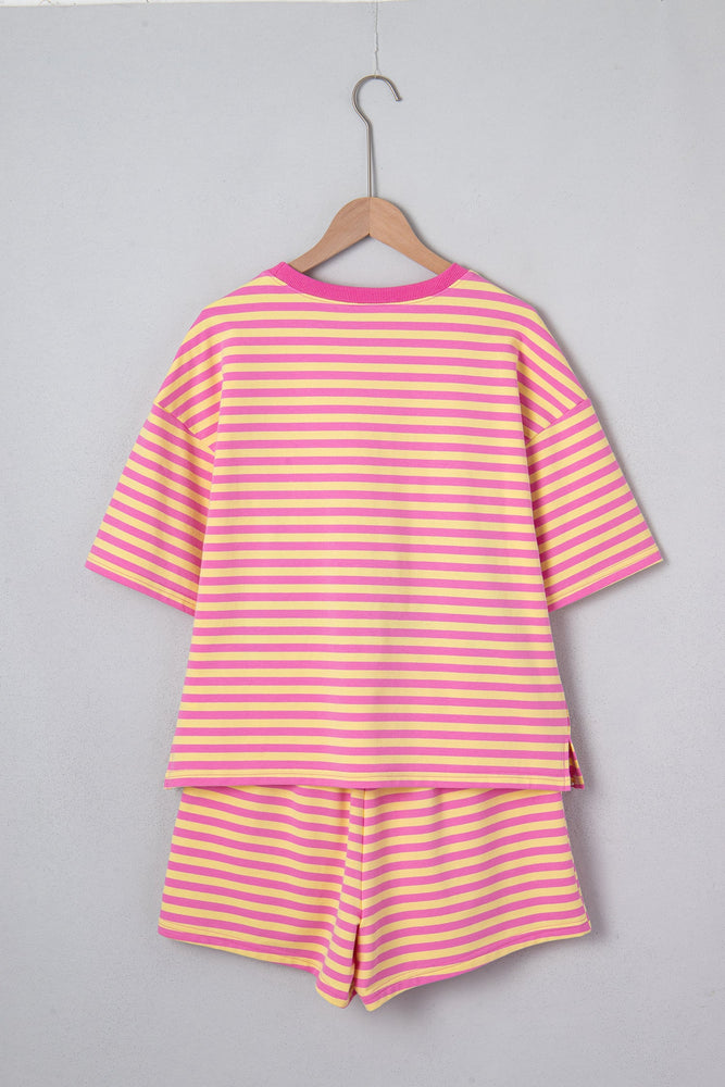 Rose Stripe Drop Shoulder Boxy Casual Terry Short Set Dear lover