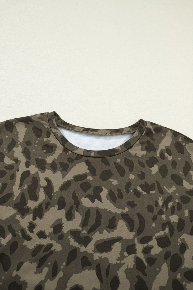 Brown Leopard Print Crew Neck Short Set Dear lover