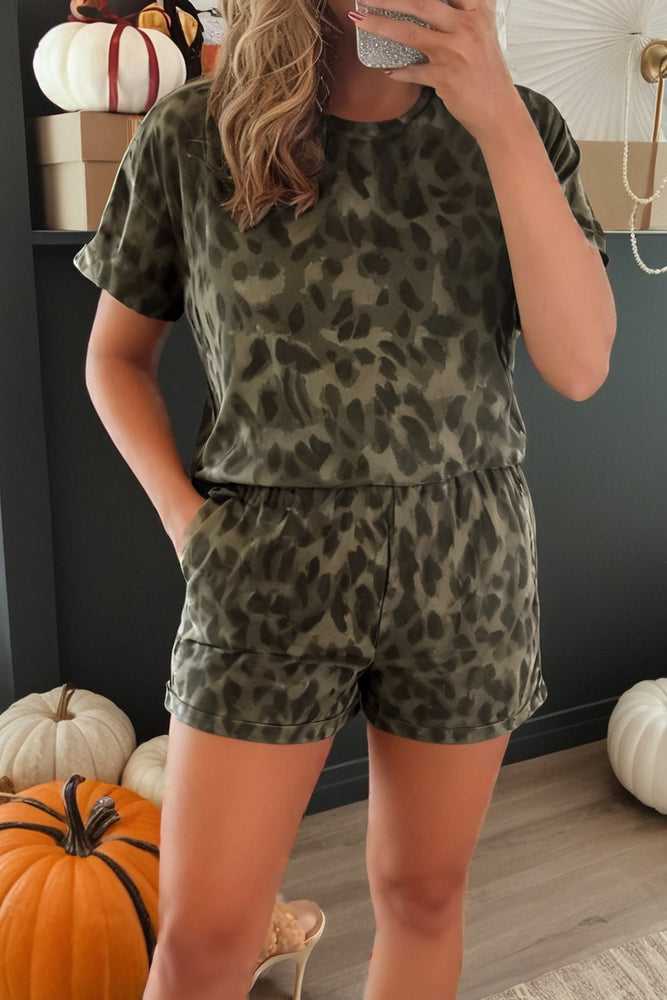 Brown Leopard Print Crew Neck Short Set Dear lover