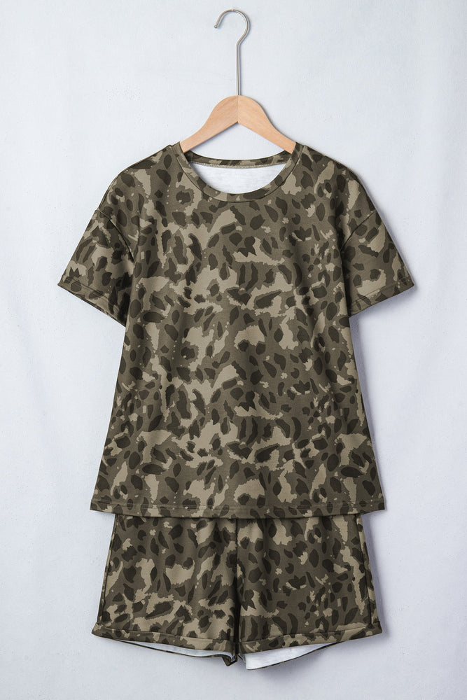 Brown Leopard Print Crew Neck Short Set Dear lover