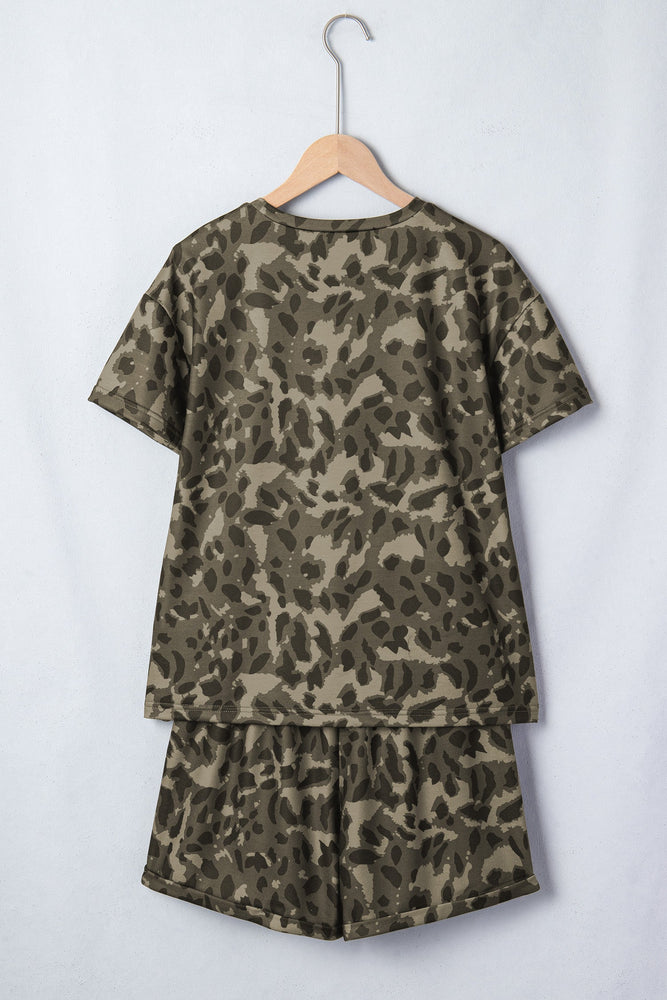 Brown Leopard Print Crew Neck Short Set Dear lover