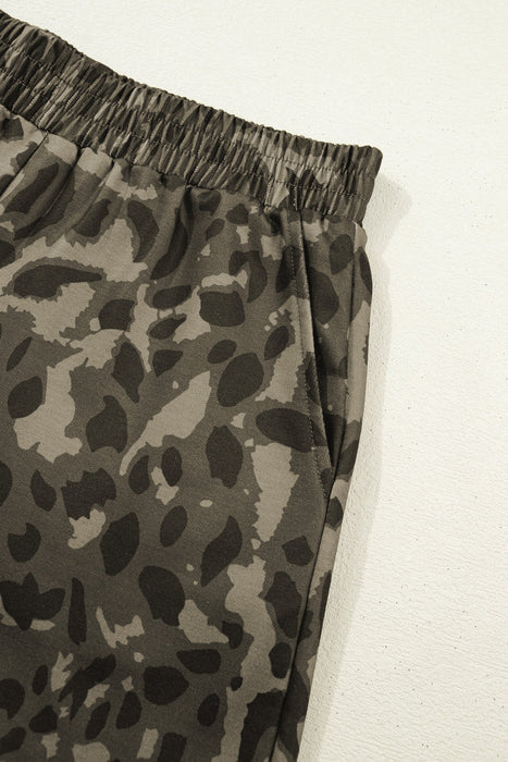 Brown Leopard Print Crew Neck Short Set Dear lover