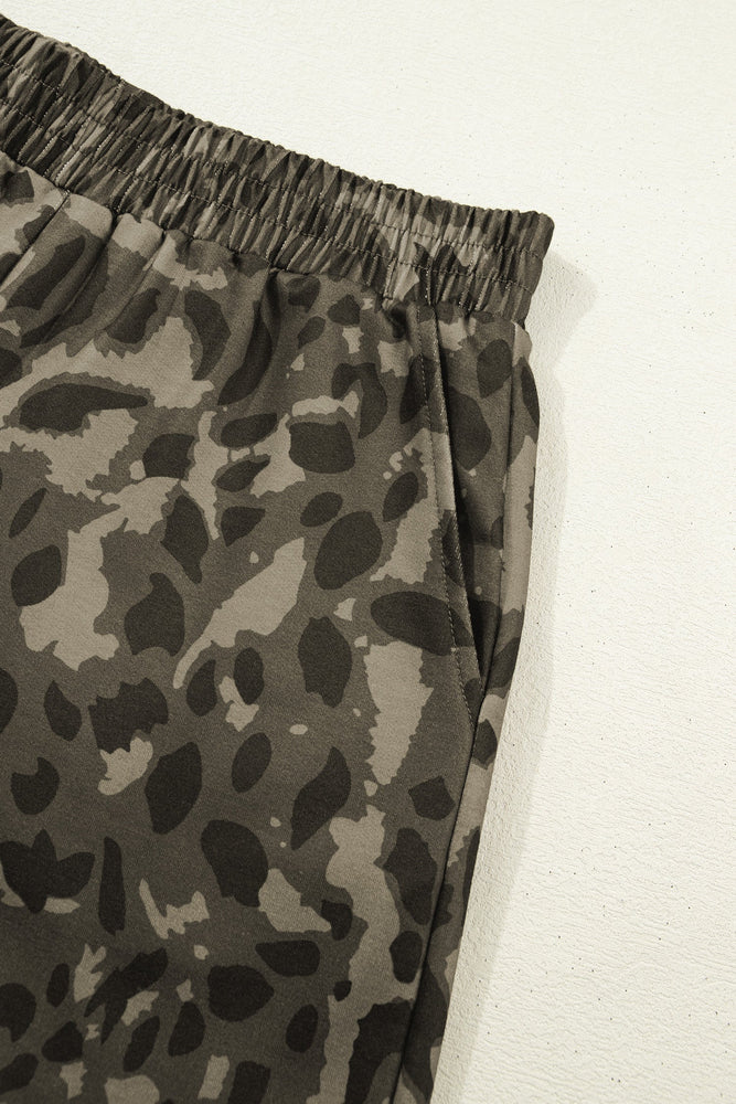 Brown Leopard Print Crew Neck Short Set Dear lover