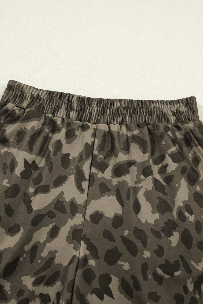 Brown Leopard Print Crew Neck Short Set Dear lover