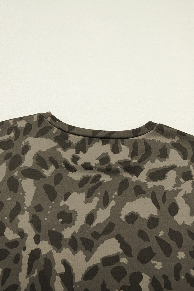 Brown Leopard Print Crew Neck Short Set Dear lover
