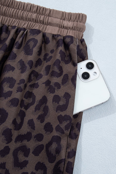 Brown V Neck Collar Leopard Printed 2pcs Short Set Dear lover