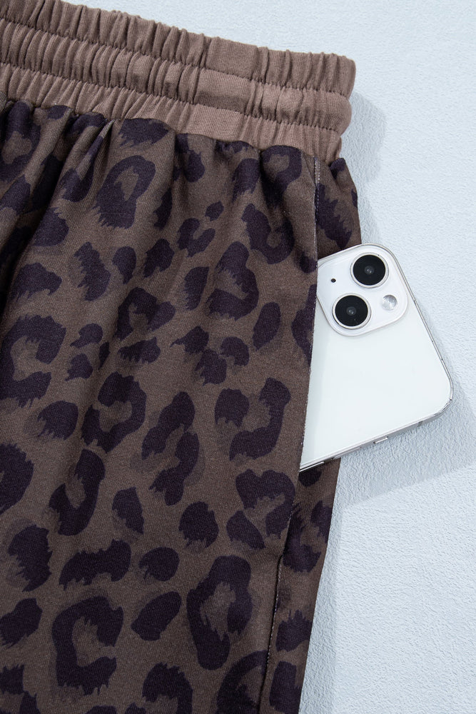Brown V Neck Collar Leopard Printed 2pcs Short Set Dear lover