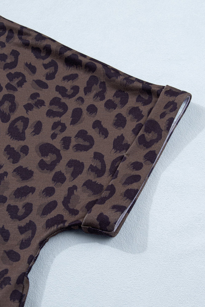 Brown V Neck Collar Leopard Printed 2pcs Short Set Dear lover