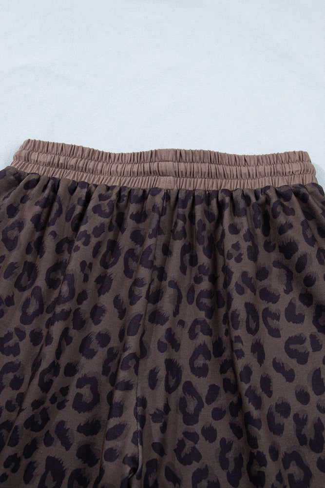 Brown V Neck Collar Leopard Printed 2pcs Short Set Dear lover