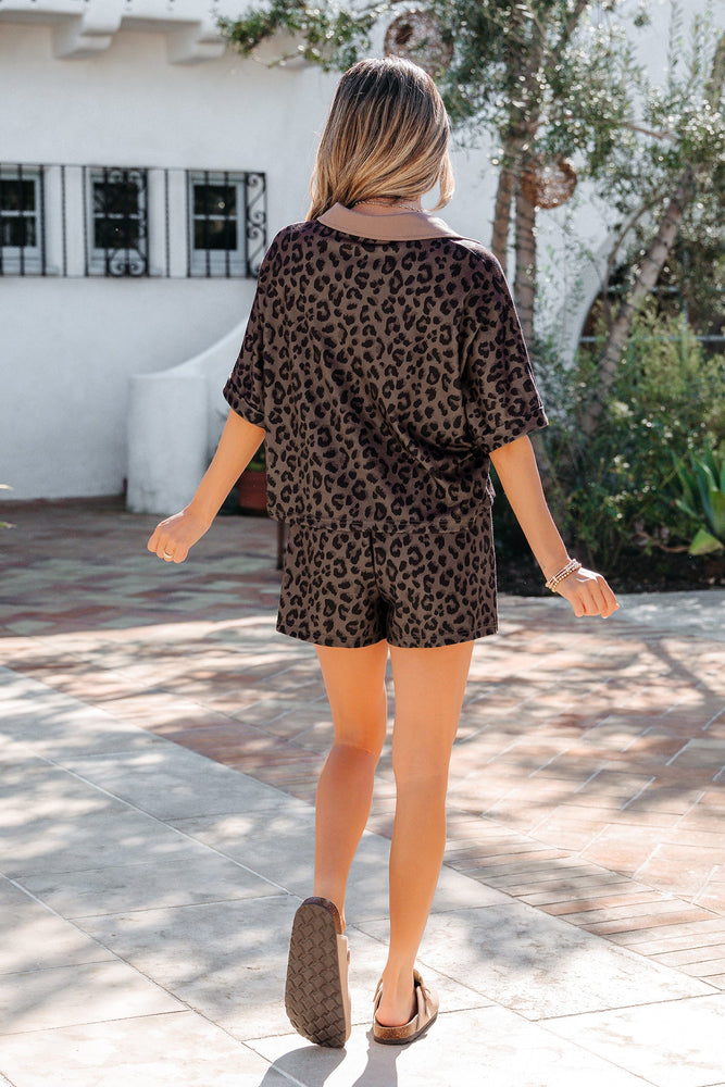 Brown V Neck Collar Leopard Printed 2pcs Short Set Dear lover