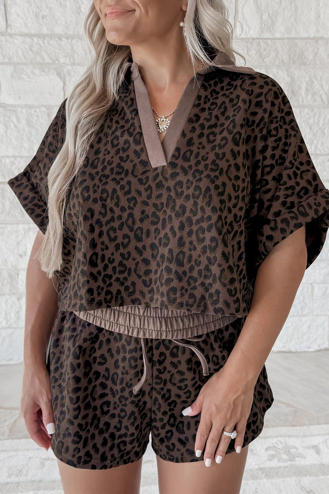 Brown V Neck Collar Leopard Printed 2pcs Short Set Dear lover