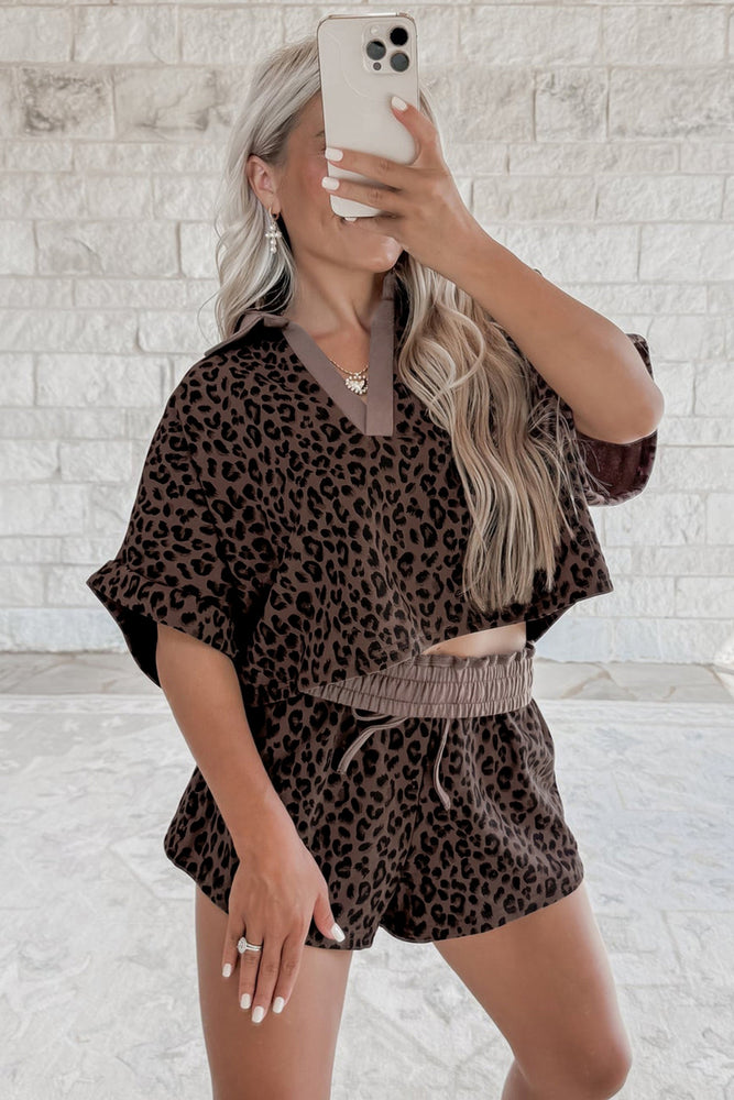 Brown V Neck Collar Leopard Printed 2pcs Short Set Dear lover