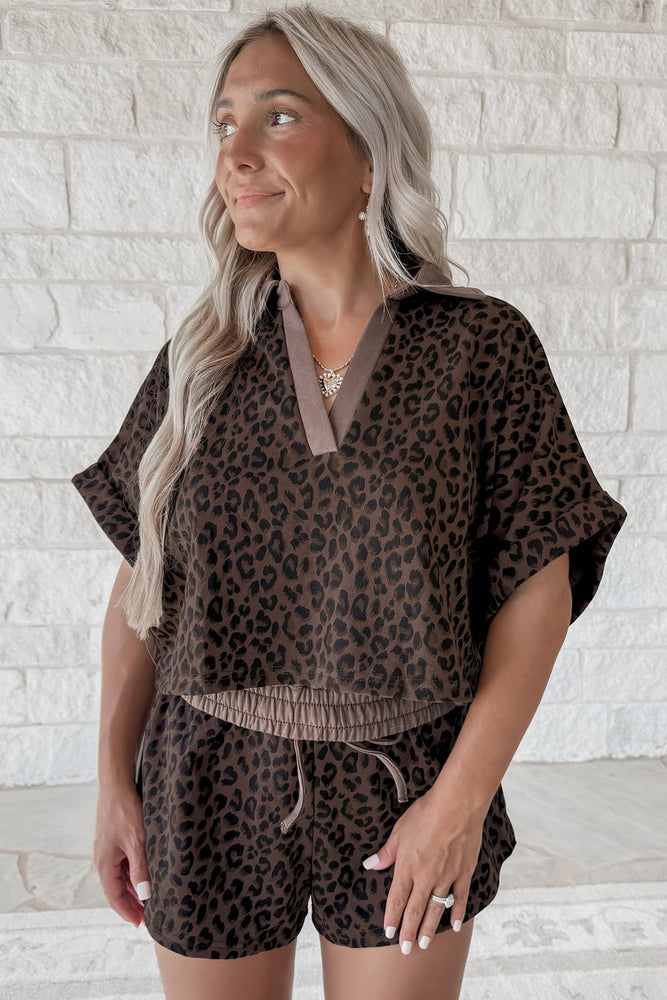Brown V Neck Collar Leopard Printed 2pcs Short Set Dear lover
