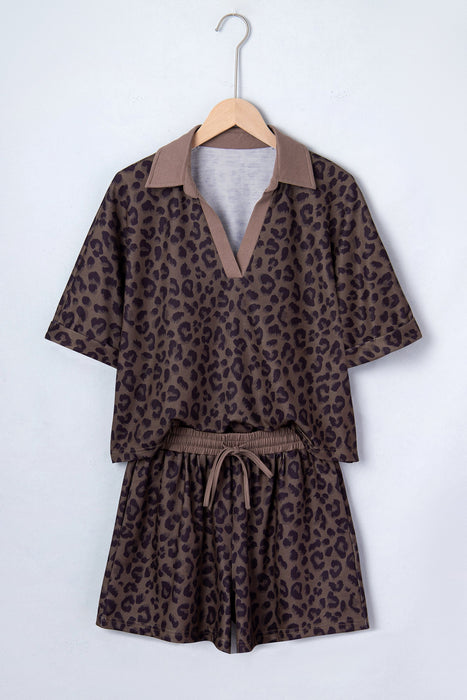 Brown V Neck Collar Leopard Printed 2pcs Short Set Dear lover