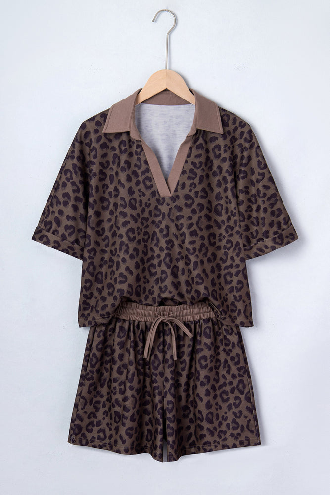 Brown V Neck Collar Leopard Printed 2pcs Short Set Dear lover