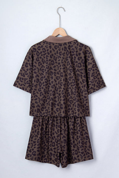 Brown V Neck Collar Leopard Printed 2pcs Short Set Dear lover