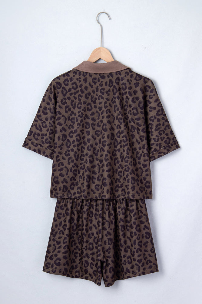 Brown V Neck Collar Leopard Printed 2pcs Short Set Dear lover