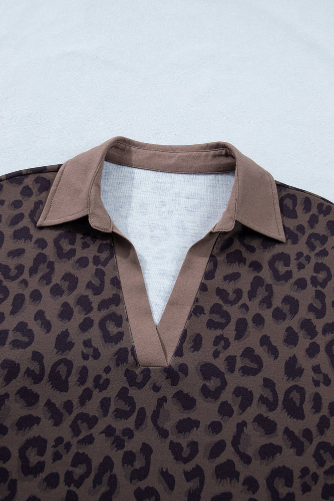 Brown V Neck Collar Leopard Printed 2pcs Short Set Dear lover