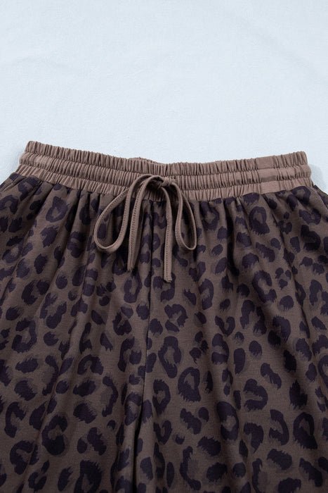 Brown V Neck Collar Leopard Printed 2pcs Short Set Dear lover