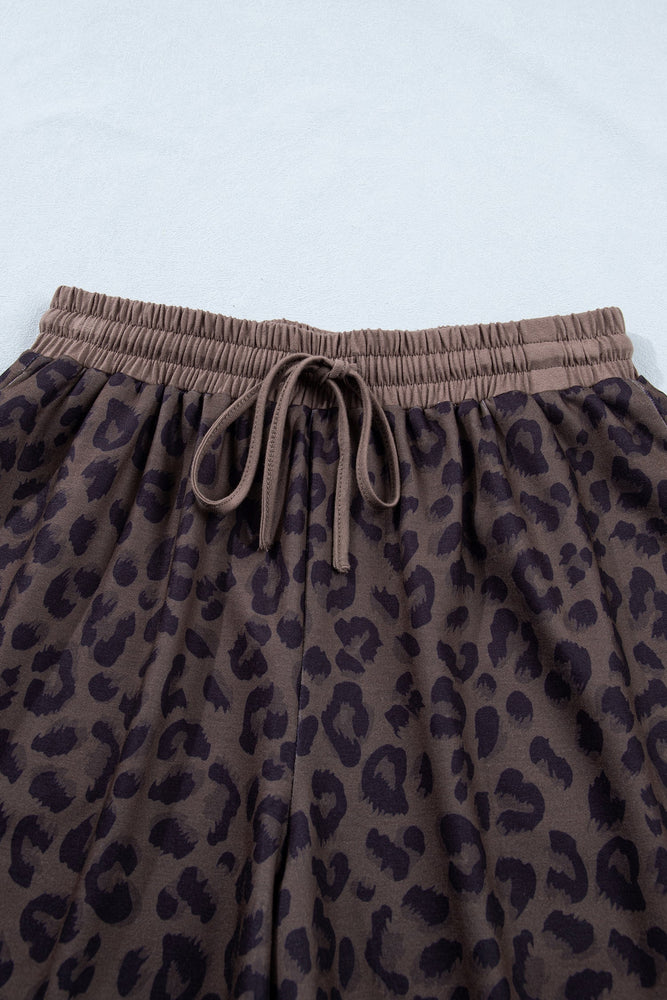 Brown V Neck Collar Leopard Printed 2pcs Short Set Dear lover