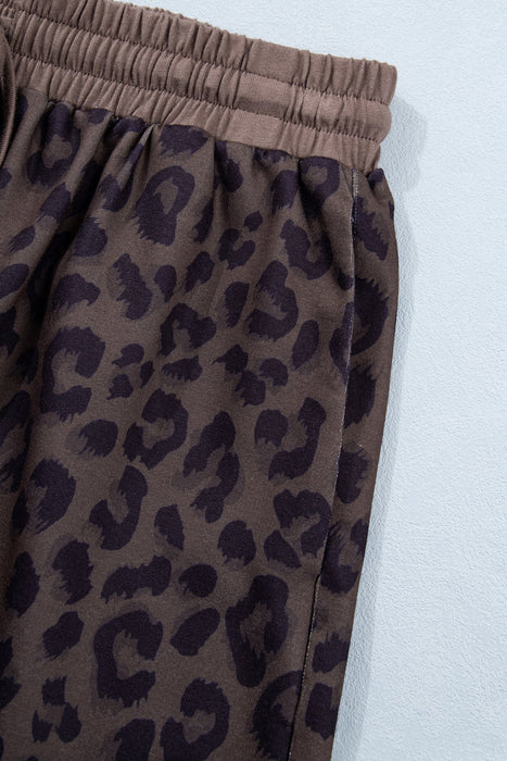 Brown V Neck Collar Leopard Printed 2pcs Short Set Dear lover