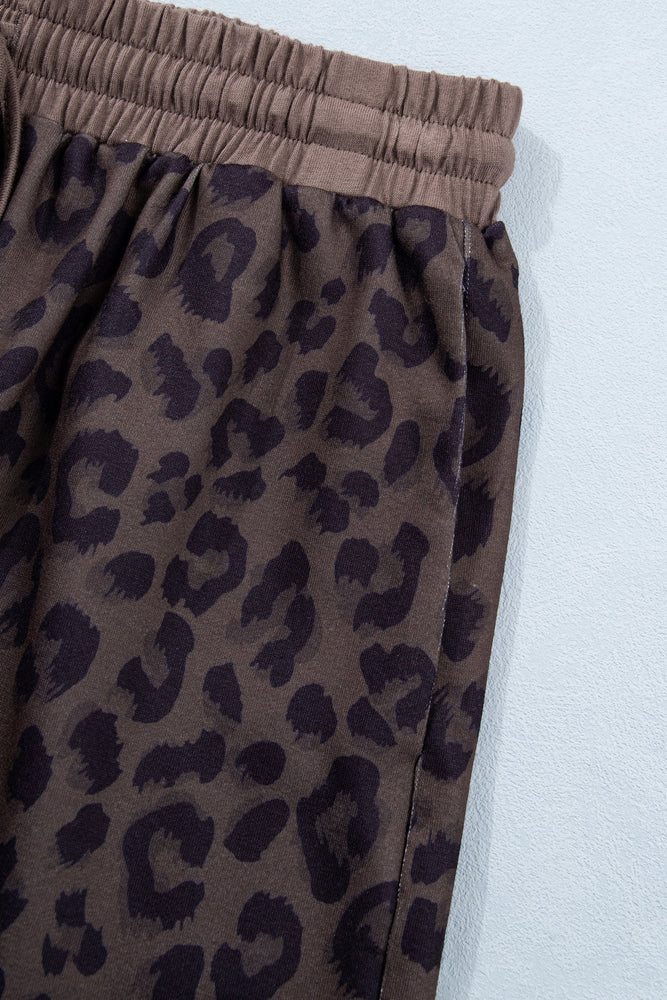 Brown V Neck Collar Leopard Printed 2pcs Short Set Dear lover