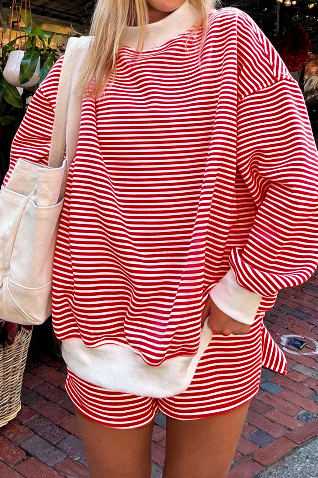 Red Stripe Oversized Mock Neck Sweatshirt & Shorts Set